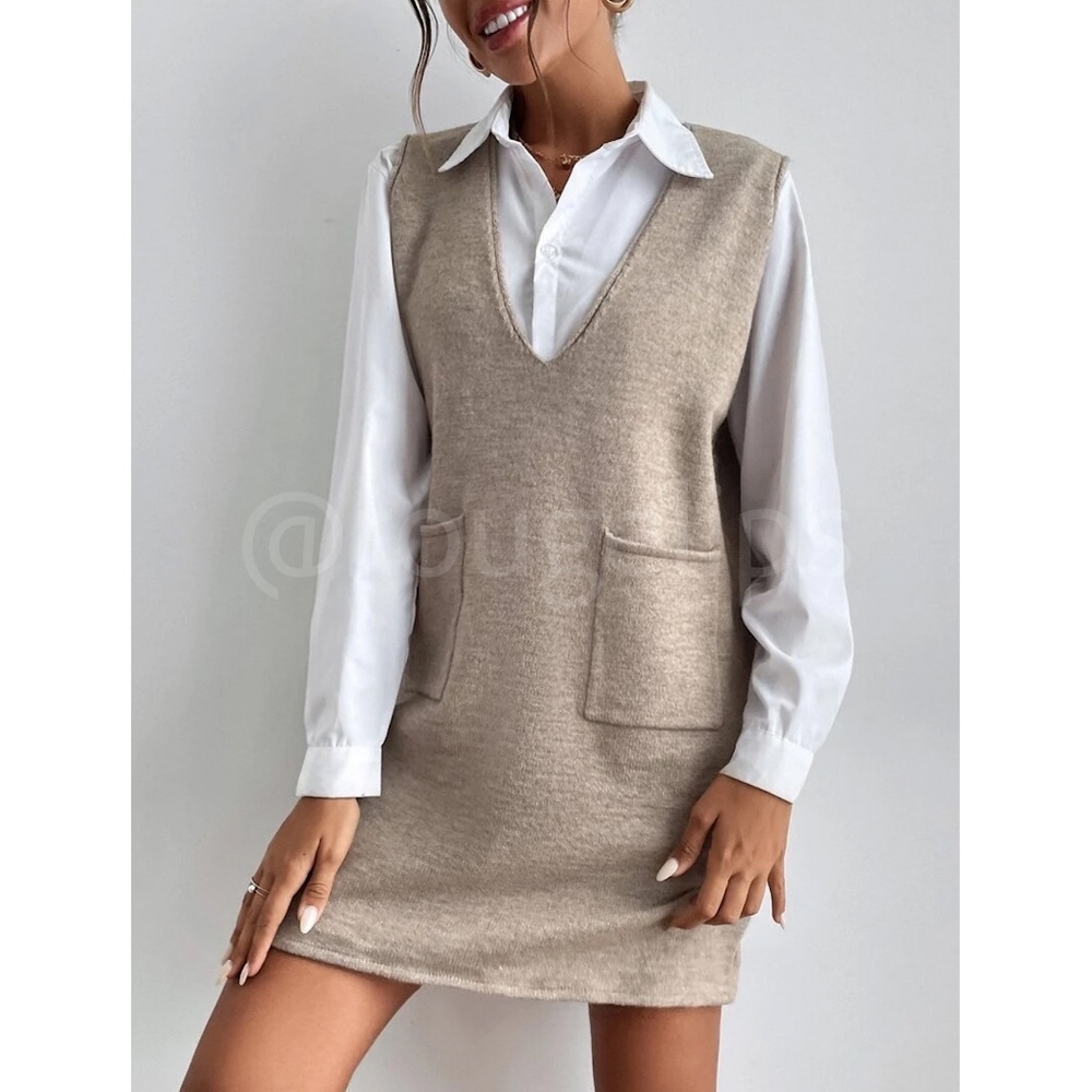 Knit Oversized Mini Vest Dress Khaki V-Neck with Pockets